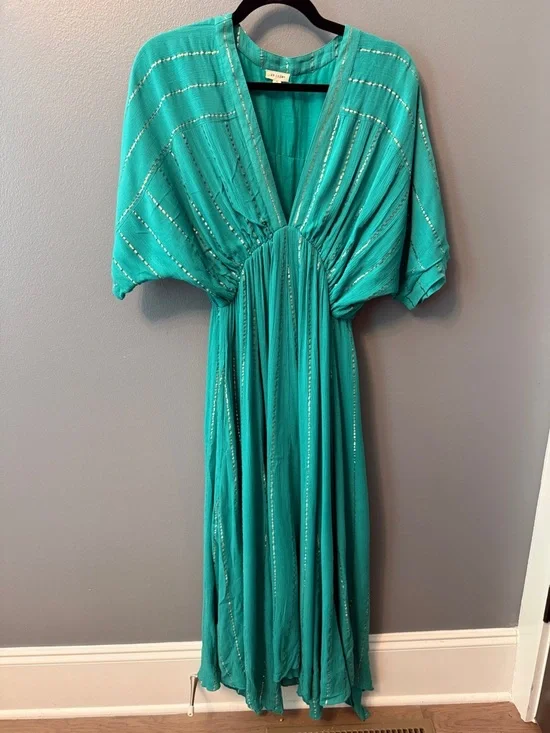 En Crème sold out Sabrina Lurex Kimono Maxi boho hippie Dress in teal, sz small - Picture 5 of 12